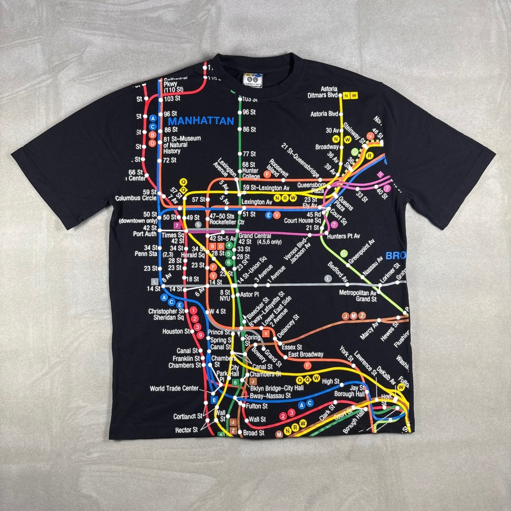 NYC Subway Line Mens T-Shirt Black MTA Map Graphic Print Medium Short Sleeve